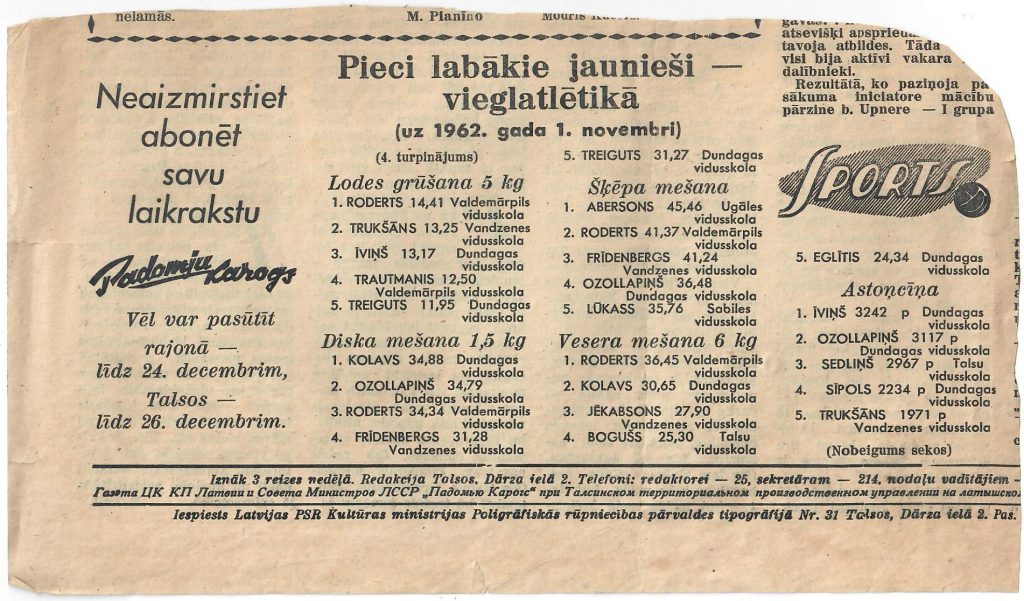 1962. gada avīzes “Padomju Karogs” sporta sadaļas izgriezums