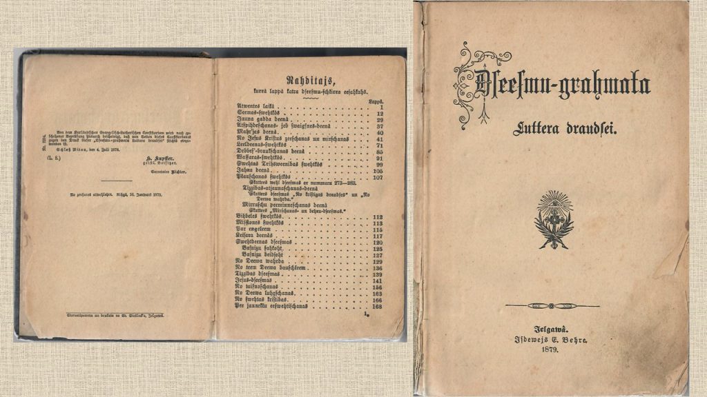 1879. gadā Jelgavā iespiestā “Dziesmu grāmata Lutera draudzei”