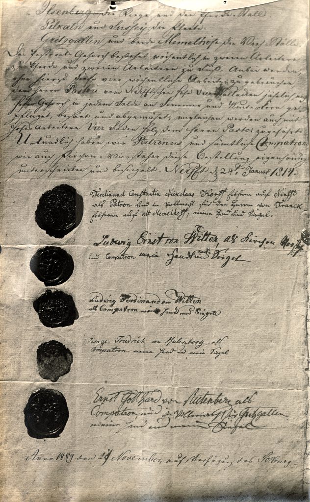 Mācītāja Vāgnera ievešanas akts Neretas draudzē 1815. gadā. Neretas novadpētniecības muzeja krājums